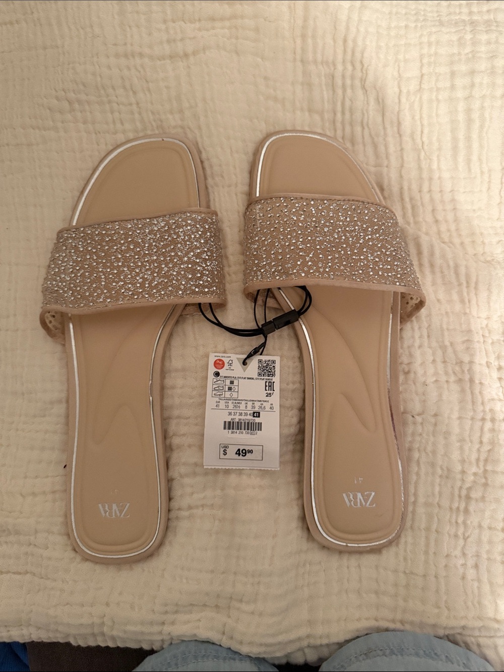 Zara Glitter Strap Slide Sandals in Nude